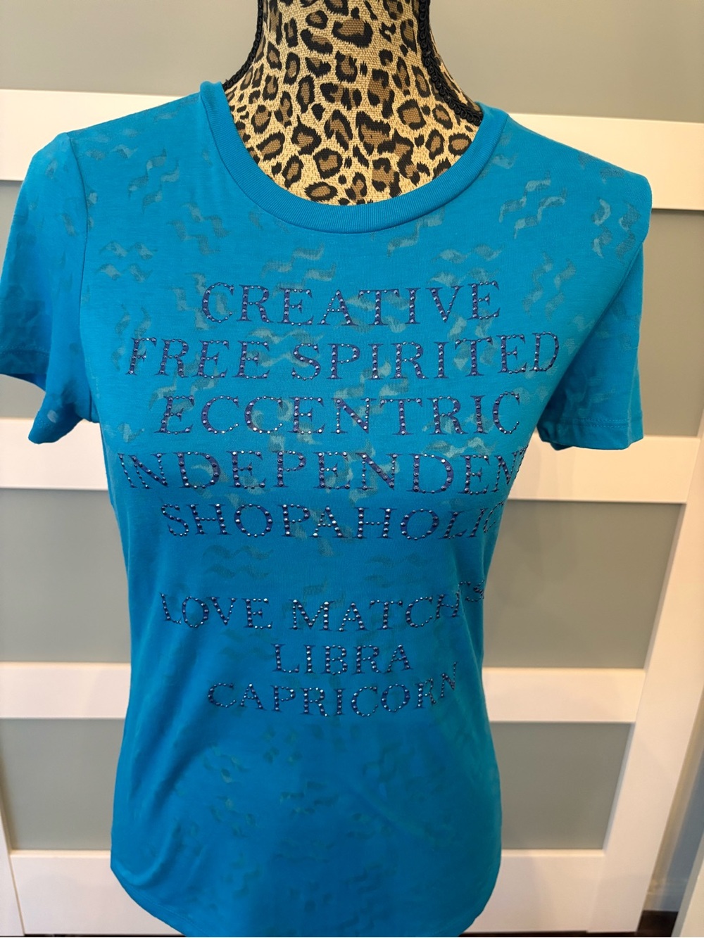 Express Turquoise Blue Short-Sleeve Graphic Tee with Rhinestone Text NWT!